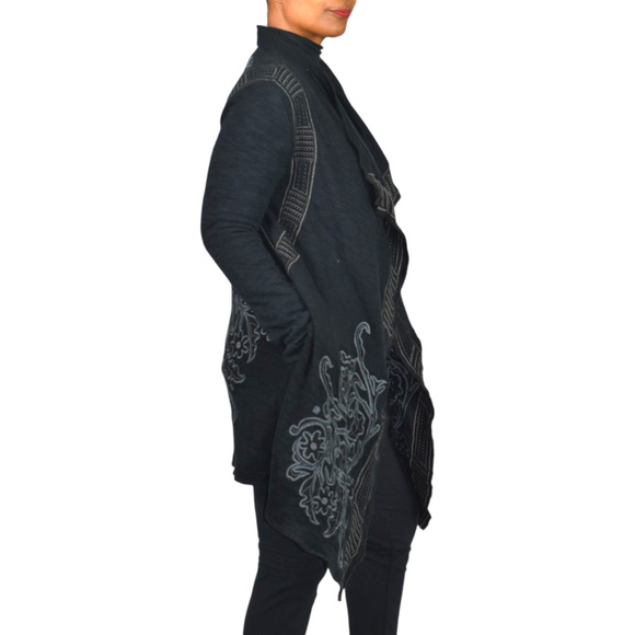 Paparazzi Biz Embroidered Asymmetric Cardigan Jacket Black Duster Cotton Medium - Picture 13 of 16